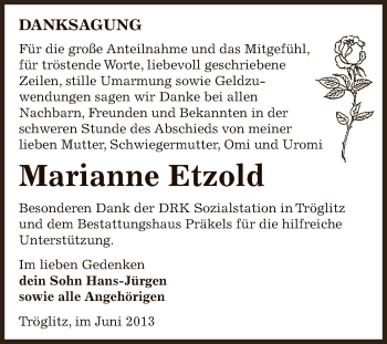 Traueranzeige von Marianne Etzold von Super Sonntag Zeitz