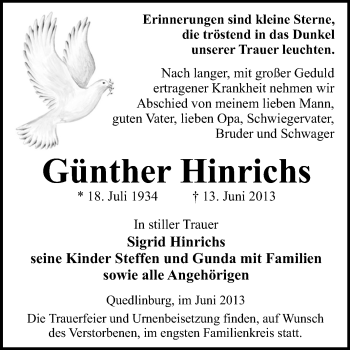 Traueranzeige von Günther Hinrichs von WVG - Wochenspiegel Quedlinburg