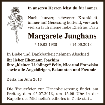 Traueranzeige von Margarete Junghans von Super Sonntag Zeitz