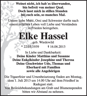 Traueranzeige von Elke Hassel von Super Sonntag Dessau / Köthen