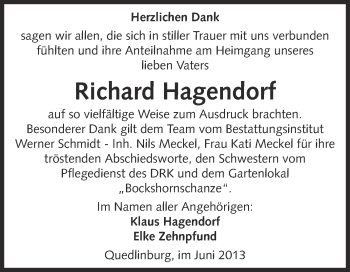 Traueranzeige von Richard Hagendorf von WVG - Wochenspiegel Quedlinburg
