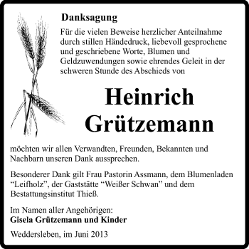Traueranzeige von Heinrich Grützemann von Super Sonntag Quedlinburg