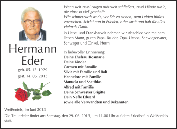 Traueranzeige von Hermann Eder von WVG - Wochenspiegel NMB / WSF / ZTZ