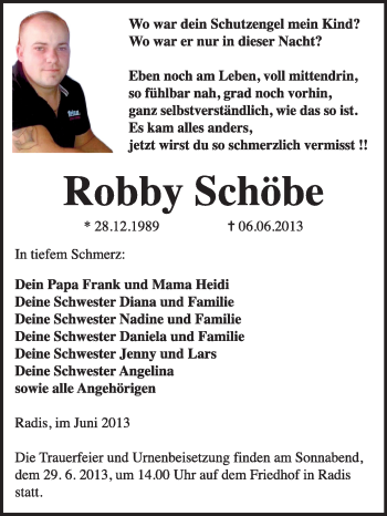 Traueranzeige von Robby Schöbe von WVG - Wochenspiegel Wittenberg