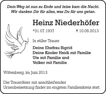 Traueranzeige von Heinz Niederhöfer von WVG - Wochenspiegel Wittenberg