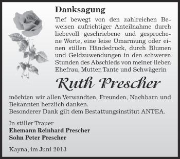 Traueranzeige von Ruth Prescher von Super Sonntag Zeitz