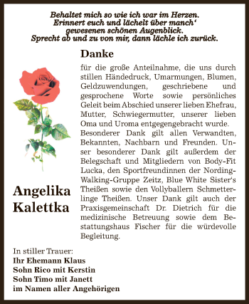 Traueranzeige von Angelika Kalettka von Super Sonntag Zeitz
