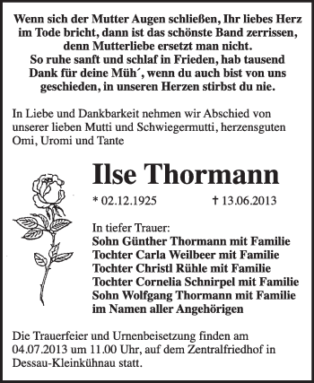 Traueranzeige von Ilse Thormann von Super Sonntag Dessau / Köthen