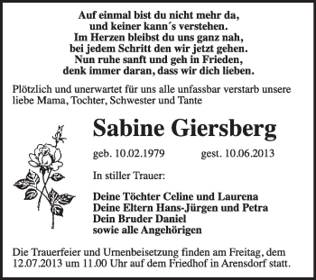 Traueranzeige von Sabine Giersberg von Super Sonntag Dessau / Köthen