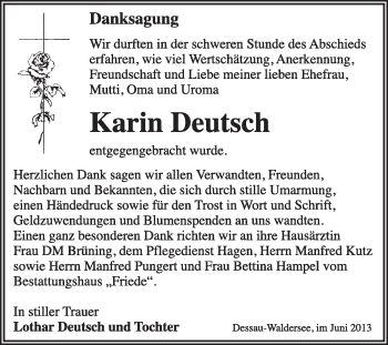 Traueranzeige von Karin Deutsch von Super Sonntag Dessau / Köthen