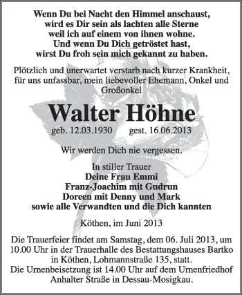 Traueranzeige von Walter Höhne von Super Sonntag Dessau / Köthen
