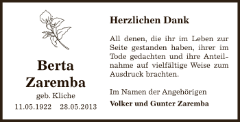 Traueranzeige von Berta Zaremba von Super Sonntag SGH Mansf. Land