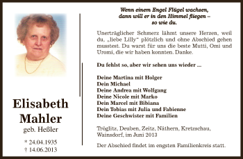 Traueranzeige von Elisabeth Mahler von Super Sonntag Zeitz