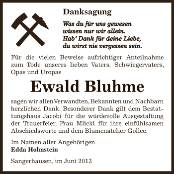 Traueranzeige von Ewald Bluhme von Super Sonntag SGH Mansf. Land
