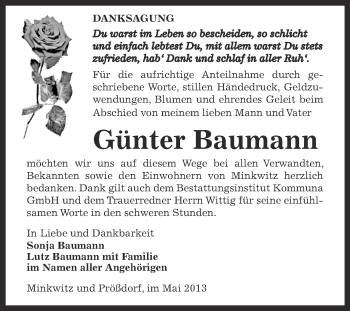 Traueranzeige von Günter Baumann von Super Sonntag Zeitz