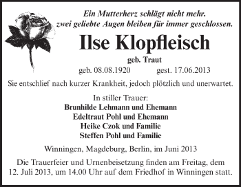 Traueranzeige von Ilse Klopfleisch von WVG - Wochenspiegel Aschersleben