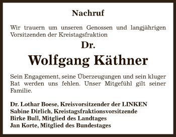 Traueranzeige von Wolfgang Käthner von Super Sonntag Bernburg