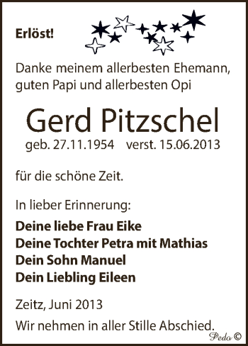 Traueranzeige von Gerd Pitzschel von Super Sonntag Zeitz
