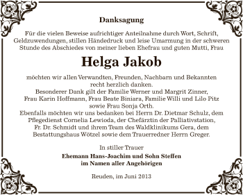 Traueranzeige von Helga Jakob von Super Sonntag Zeitz