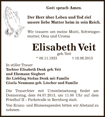 Traueranzeige von Elisabeth Veit von Super Sonntag Bernburg