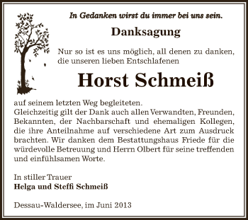 Traueranzeige von Horst Schmeiß von WVG - Wochenspiegel Dessau / Köthen
