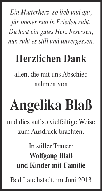 Traueranzeige von Angelika Blaß von WVG - Wochenspiegel Merseburg