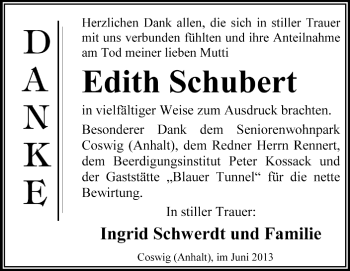 Traueranzeige von Edith Schubert von Super Sonntag Dessau / Köthen
