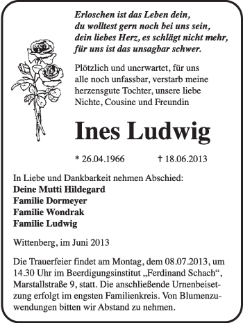 Traueranzeige von Ines Ludwig von WVG - Wochenspiegel Wittenberg