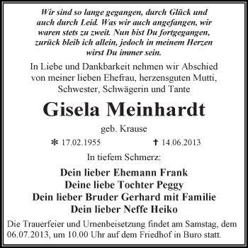 Traueranzeige von Gisela Meinhardt von WVG - Wochenspiegel Dessau / Köthen