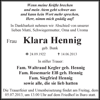 Traueranzeige von Klara Hennig von WVG - Wochenspiegel Dessau / Köthen