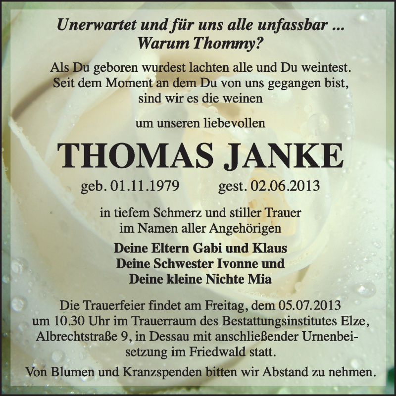 Traueranzeige für Thomas Janke vom 26.06.2013 aus Super Sonntag Dessau / Köthen