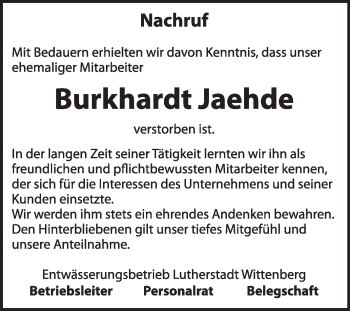 Traueranzeige von Burkhardt Jaehde von Super Sonntag Wittenberg