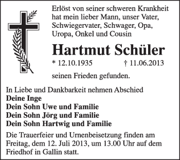 Traueranzeige von Hartmut Schüler von WVG - Wochenspiegel Wittenberg