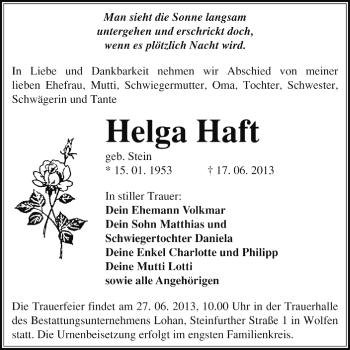 Traueranzeige von Helga Haft von Super Sonntag Dessau / Köthen