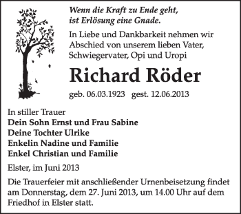 Traueranzeige von Richard Röder von WVG - Wochenspiegel Wittenberg