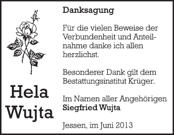 Traueranzeige von Hela Wujta von WVG - Wochenspiegel Wittenberg