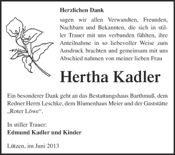 Traueranzeige von Hertha Kadler von WVG - Wochenspiegel Merseburg