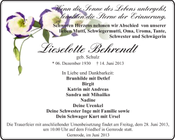 Traueranzeige von Lieselotte Behrendt von WVG - Wochenspiegel Quedlinburg