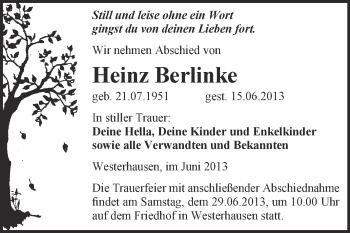 Traueranzeige von Heinz Berlinke von WVG - Wochenspiegel Quedlinburg