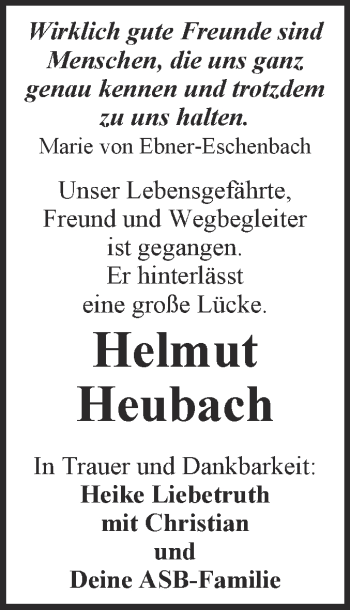 Traueranzeige von Helmut Heubach von Super Sonntag Quedlinburg