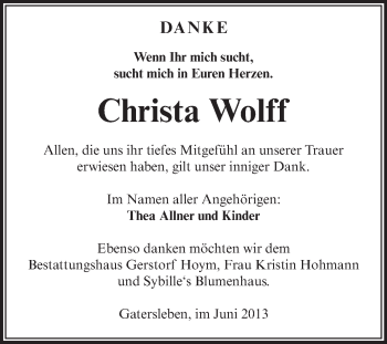 Traueranzeige von Christa Wolff von Super Sonntag Aschersleben