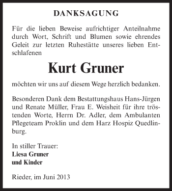 Traueranzeige von Kurt Gruner von Super Sonntag Aschersleben
