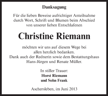 Traueranzeige von Christine Riemann von WVG - Wochenspiegel Aschersleben
