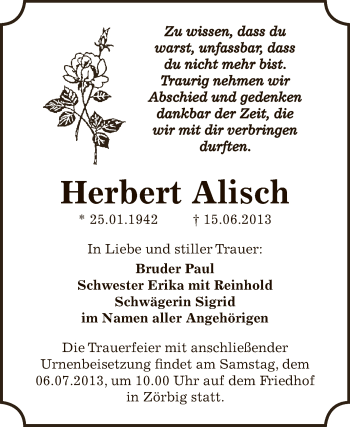 Traueranzeige von Herbert Alisch von WVG - Wochenspiegel Bitterfeld