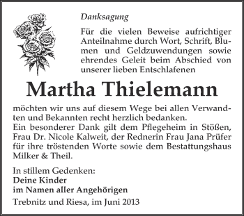 Traueranzeige von Martha Thielemann von WVG - Wochenspiegel NMB / WSF / ZTZ