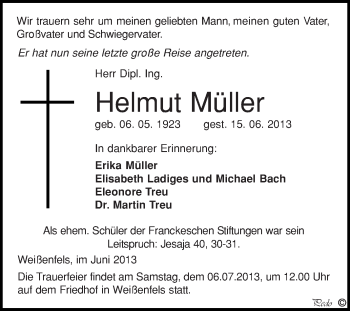 Traueranzeige von Helmut Müller von WVG - Wochenspiegel NMB / WSF / ZTZ