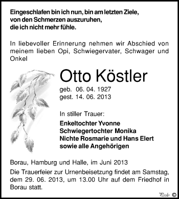 Traueranzeige von Otto Köstler von WVG - Wochenspiegel NMB / WSF / ZTZ