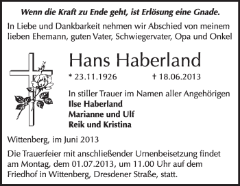 Traueranzeige von Hans Haberland von WVG - Wochenspiegel Wittenberg