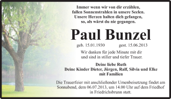 Traueranzeige von Paul Bunzel von Super Sonntag Quedlinburg