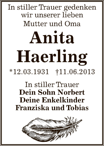 Traueranzeige von Anita Haerling von Super Sonntag Zeitz